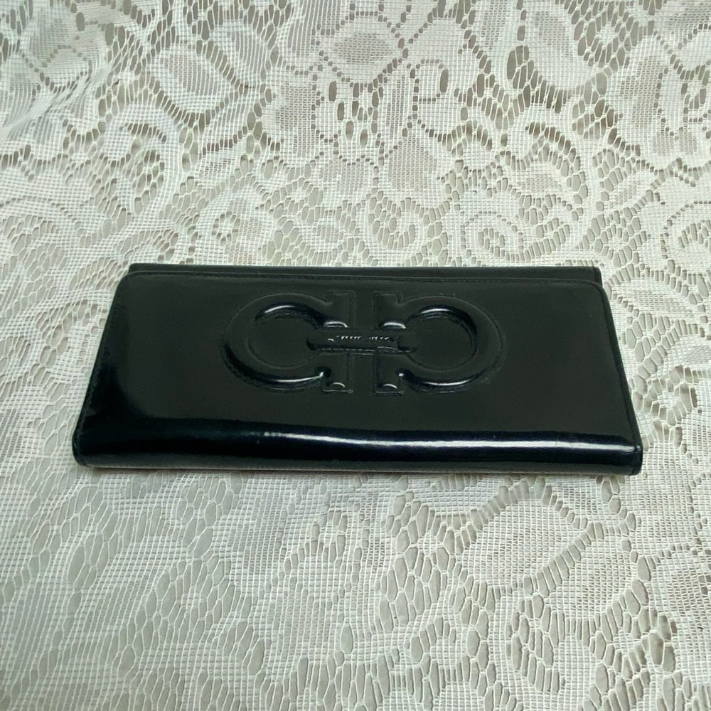 Vintage, Salvatore Ferragamo Black Enamel, Bifold, Long Wallet 7.5 x 4in