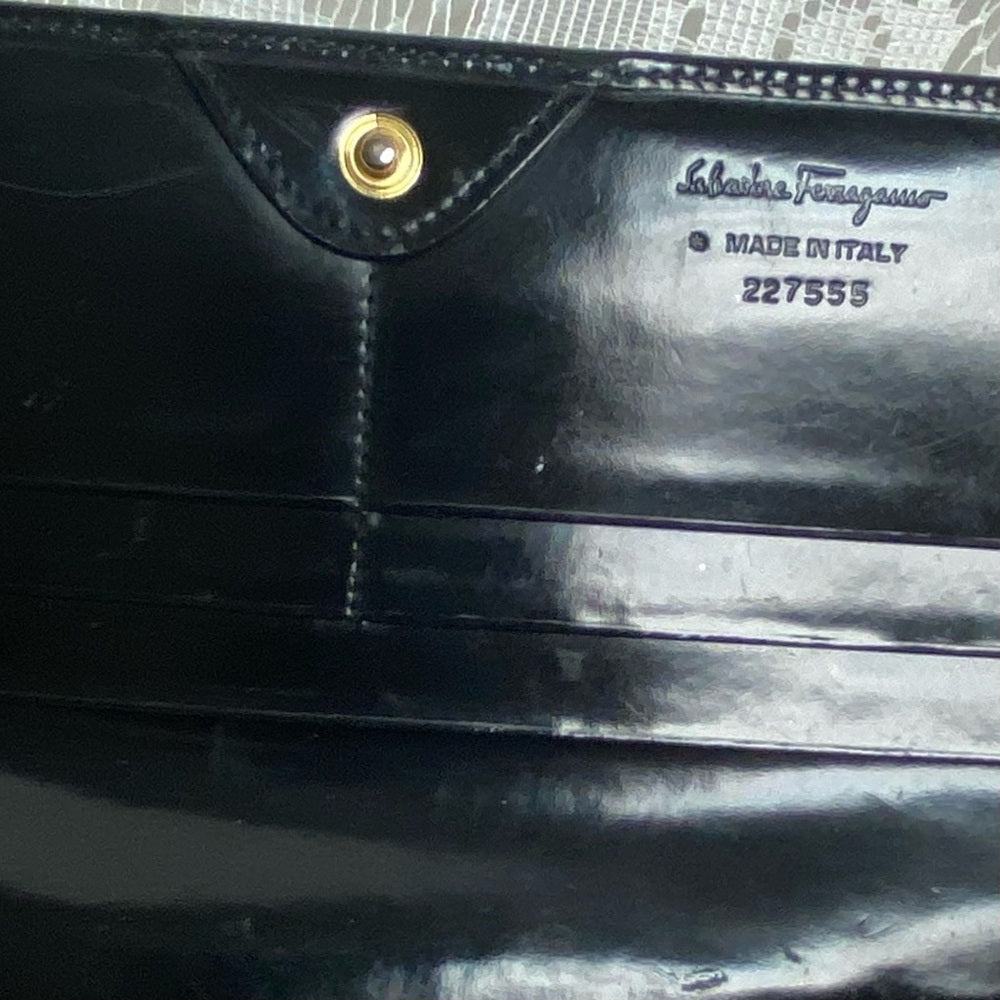Vintage, Salvatore Ferragamo Black Enamel, Bifold, Long Wallet 7.5 x 4in