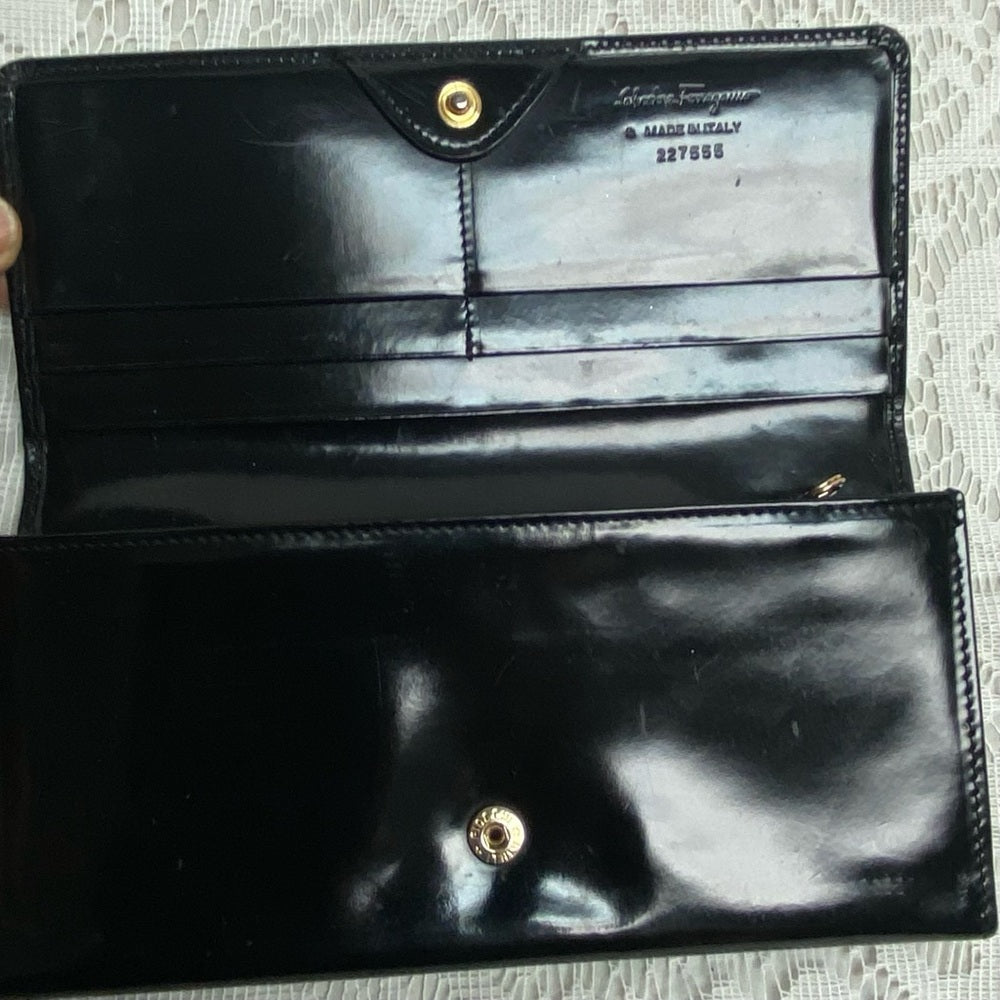 Vintage, Salvatore Ferragamo Black Enamel, Bifold, Long Wallet 7.5 x 4in