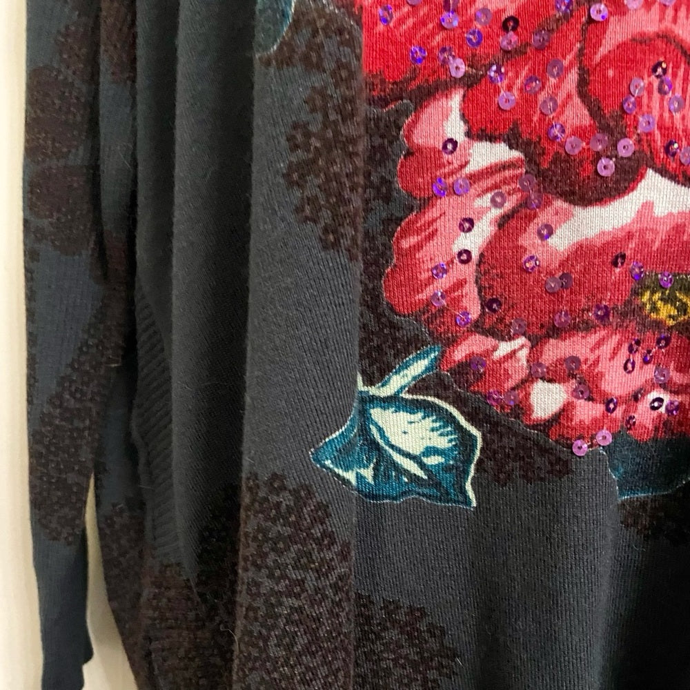 Desigual Gray Floral Sweater Cardigan with Fringes (M)