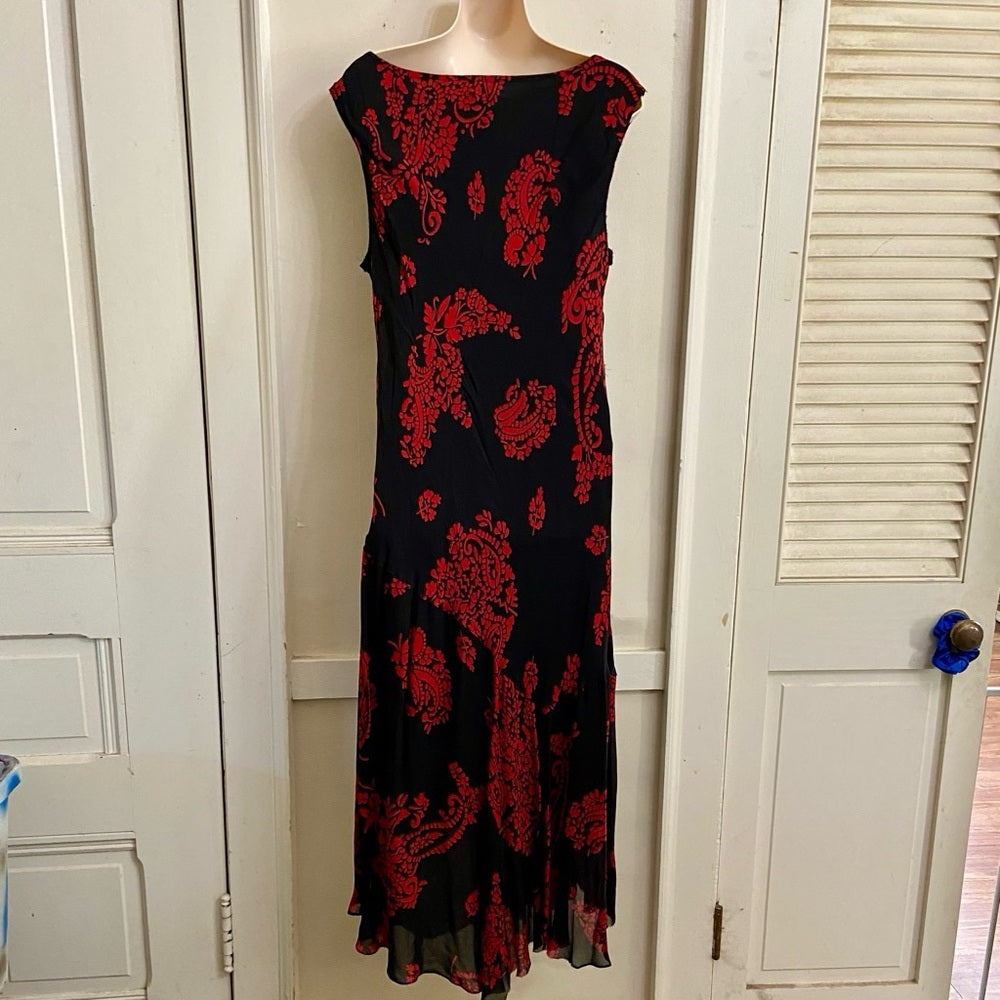 Eva Blue Red- Black Floral Paisley Lined Stretchy Dress Size 14