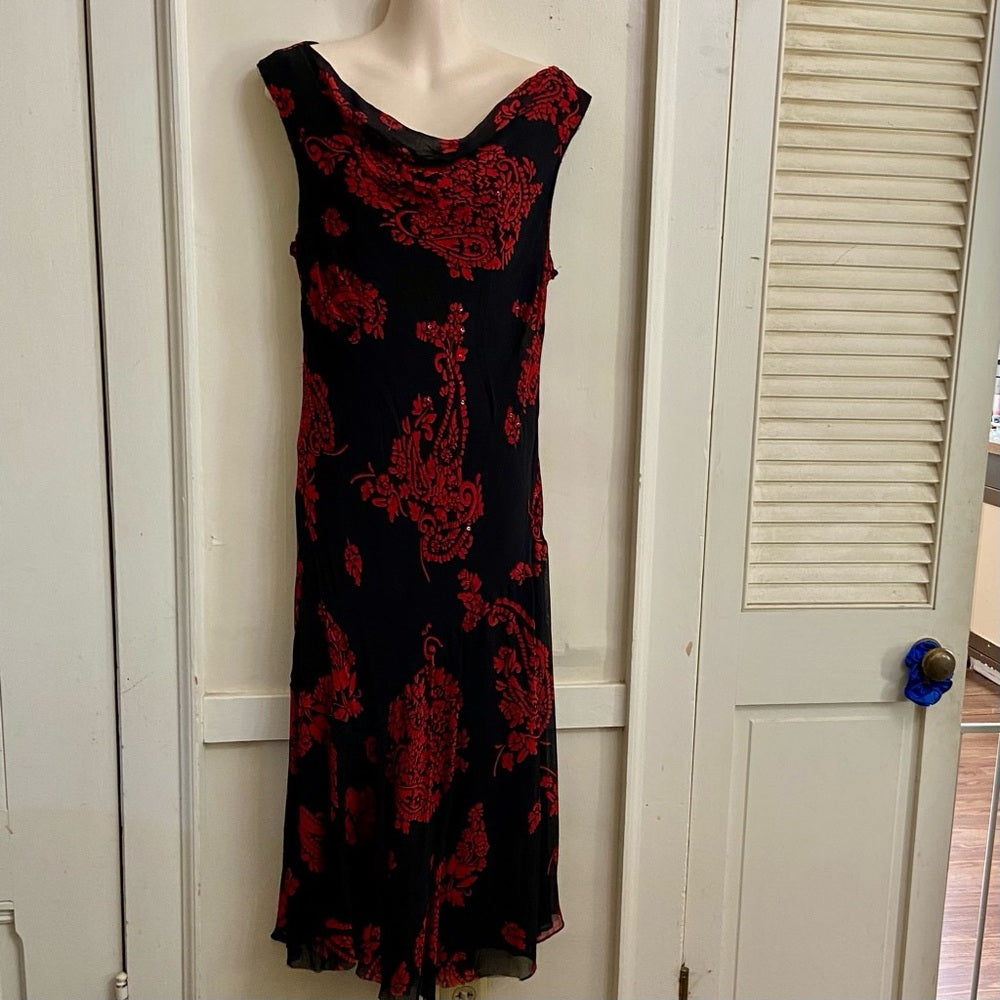 Eva Blue Red- Black Floral Paisley Lined Stretchy Dress Size 14