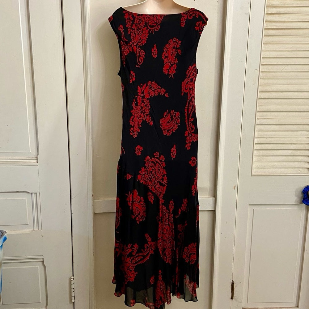 Eva Blue Red- Black Floral Paisley Lined Stretchy Dress Size 14