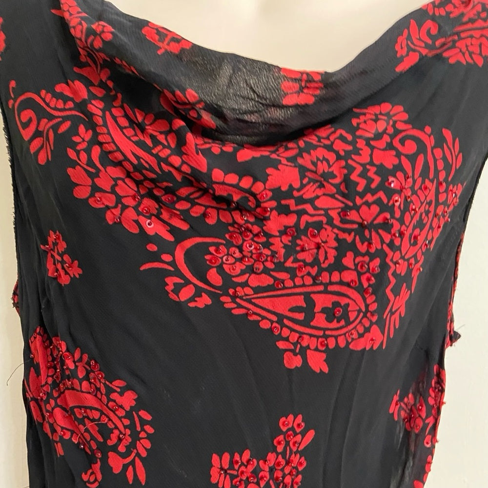 Eva Blue Red- Black Floral Paisley Lined Stretchy Dress Size 14