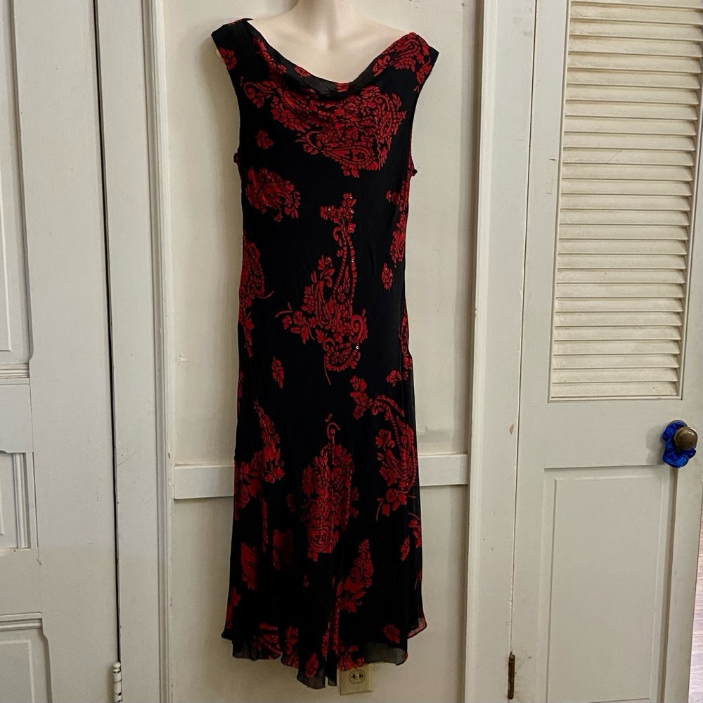Eva Blue Red- Black Floral Paisley Lined Stretchy Dress Size 14