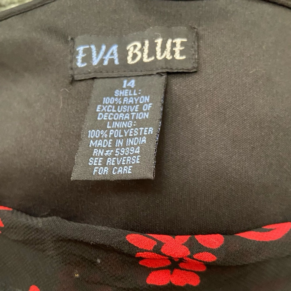 Eva Blue Red- Black Floral Paisley Lined Stretchy Dress Size 14
