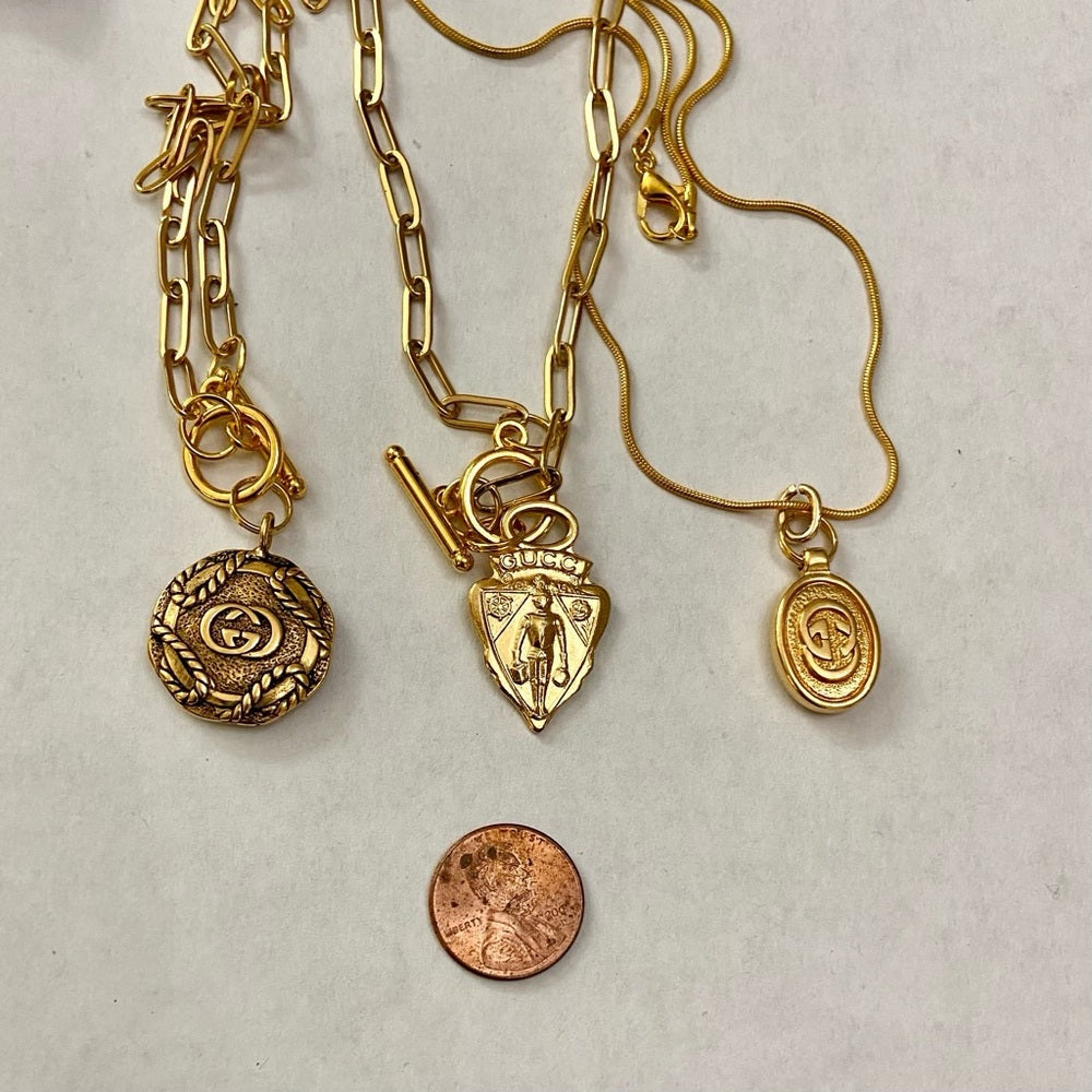 Vintage Gucci, Triangular Gold Tone Charm with 18in Gold Plated Chain Necklace