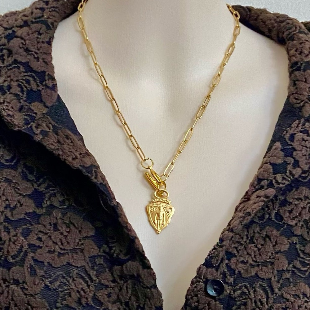 Vintage Gucci, Triangular Gold Tone Charm with 18in Gold Plated Chain Necklace