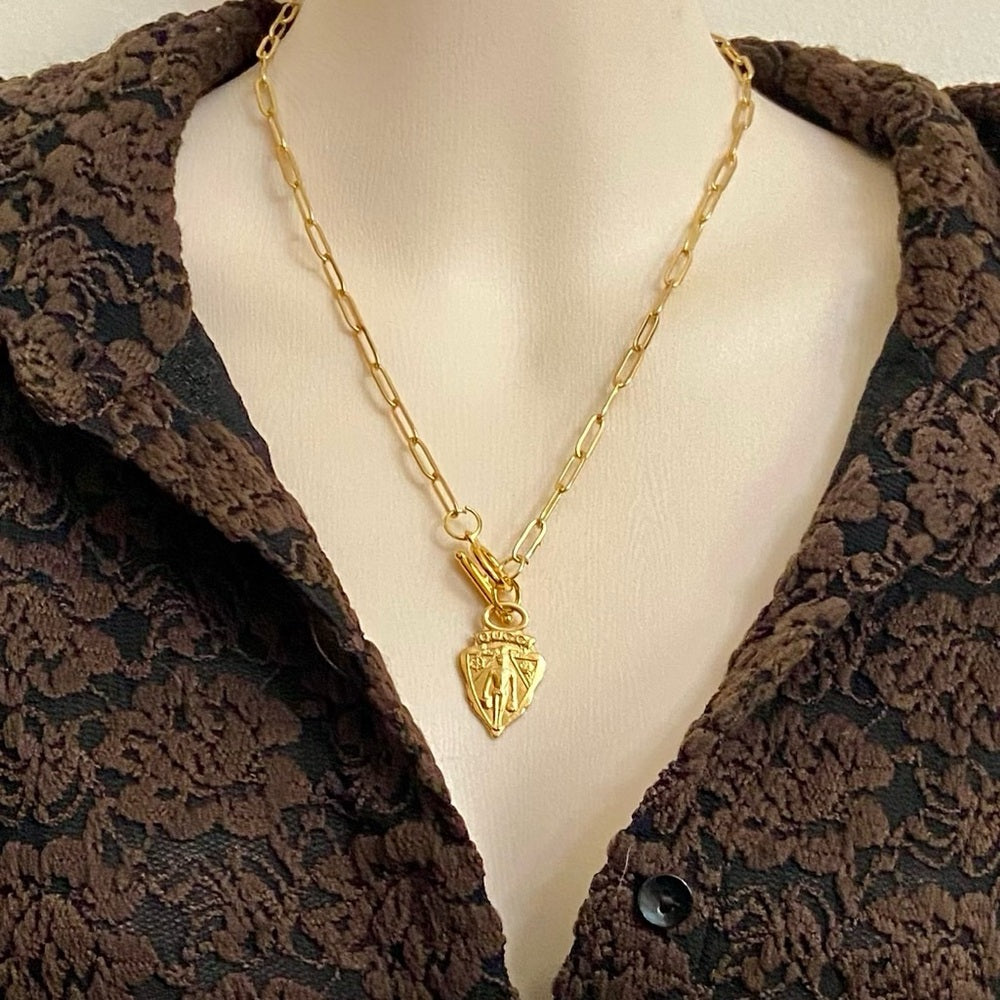 Vintage Gucci, Triangular Gold Tone Charm with 18in Gold Plated Chain Necklace