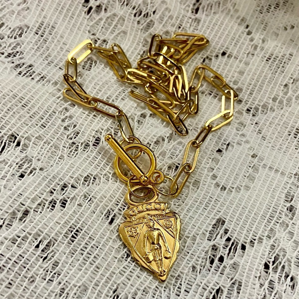 Vintage Gucci, Triangular Gold Tone Charm with 18in Gold Plated Chain Necklace