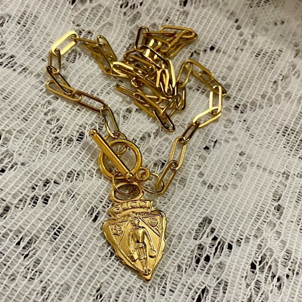 Vintage Gucci, Triangular Gold Tone Charm with 18in Gold Plated Chain Necklace