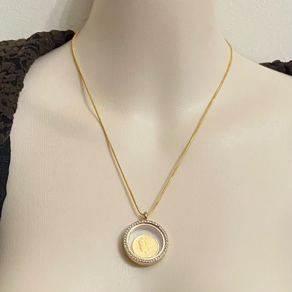 Authentic 1944 Silver (Vermeil) Mercury Dime, with Locket and 18in Gold Chain