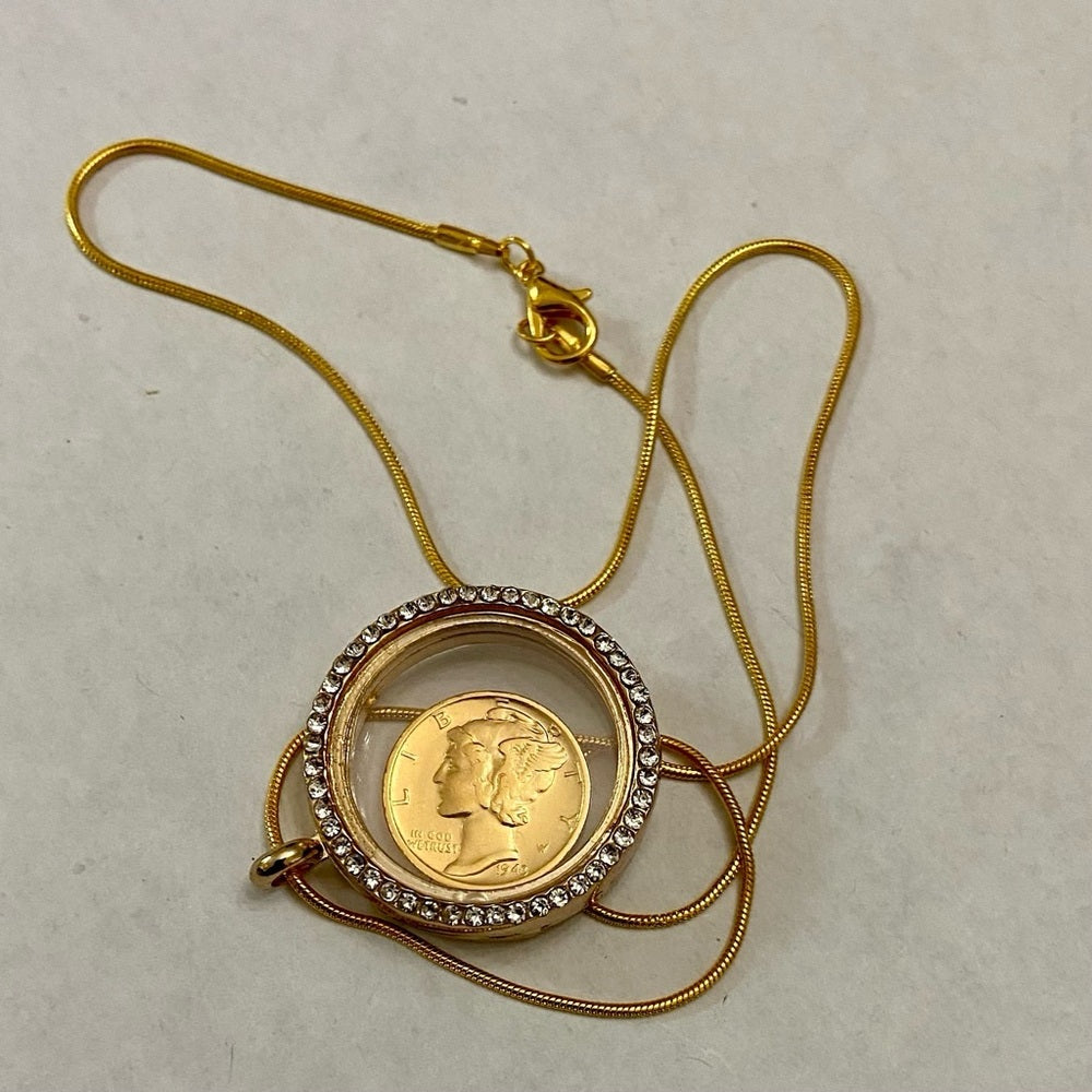 Authentic 1943 Silver (Vermeil) Mercury Dime, with Locket and 18in Gold…
