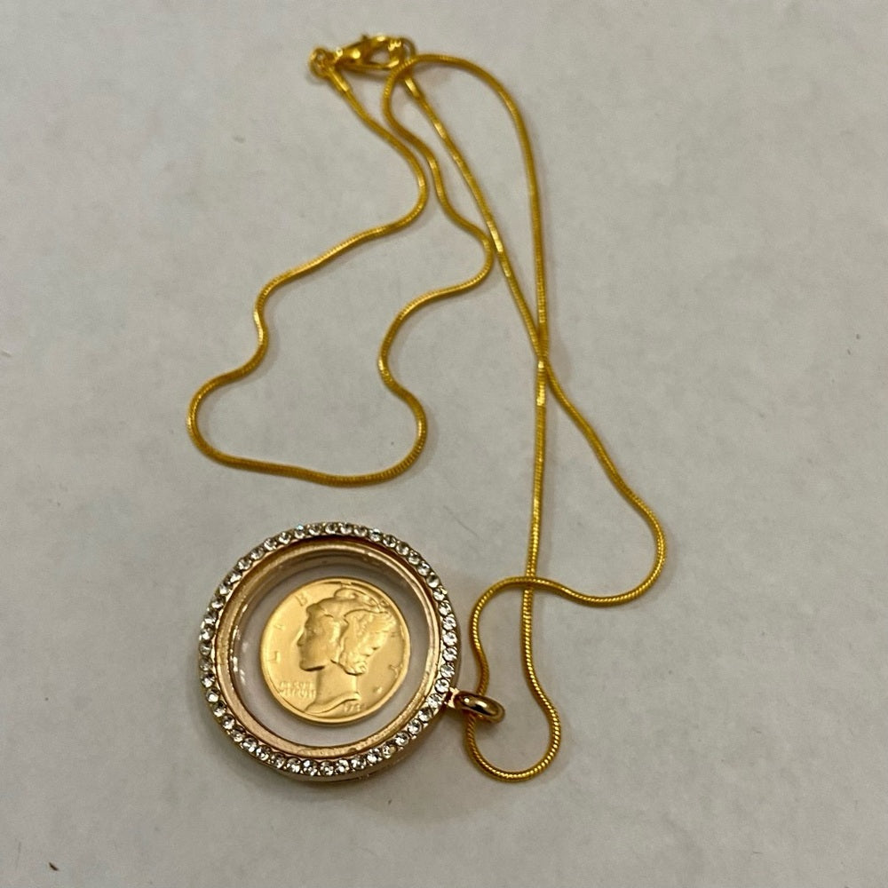 Authentic 1943 Silver (Vermeil) Mercury Dime, with Locket and 18in Gold…