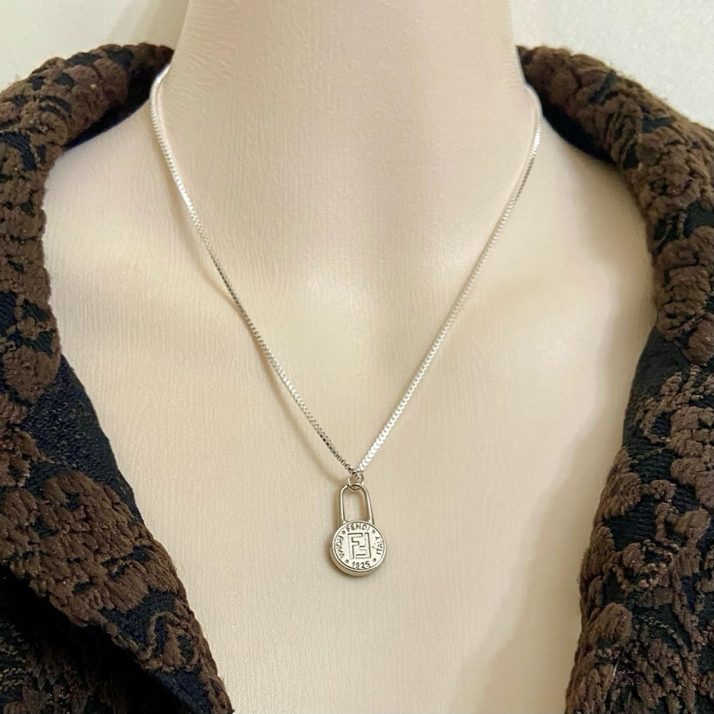 Fendi Small Size, Silver Tone Charm Pendant Necklace