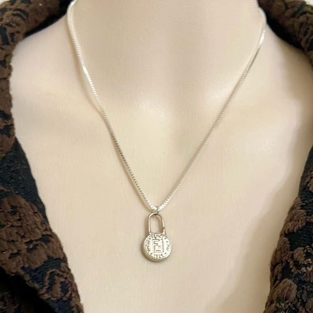 Fendi Small Size, Silver Tone Charm Pendant Necklace