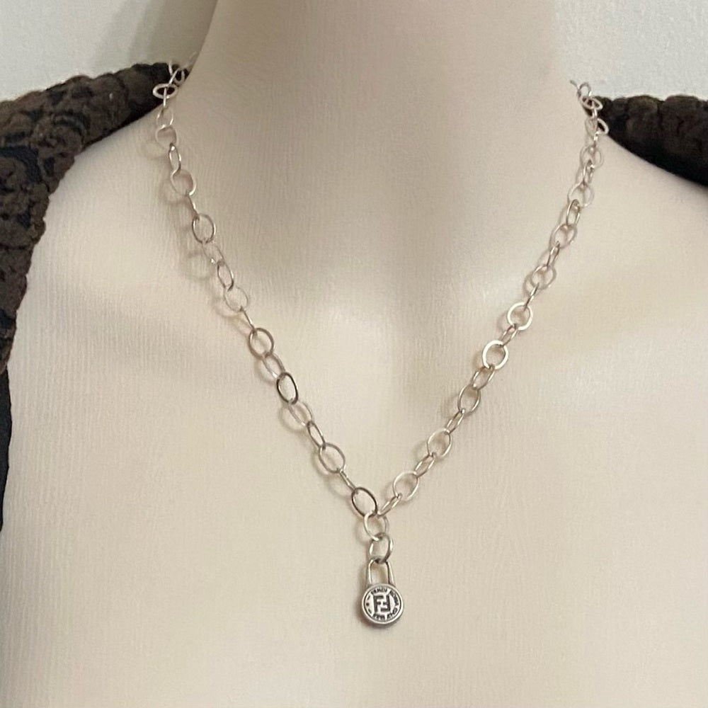 Fendi Small Size, Silver Tone Charm Pendant Necklace