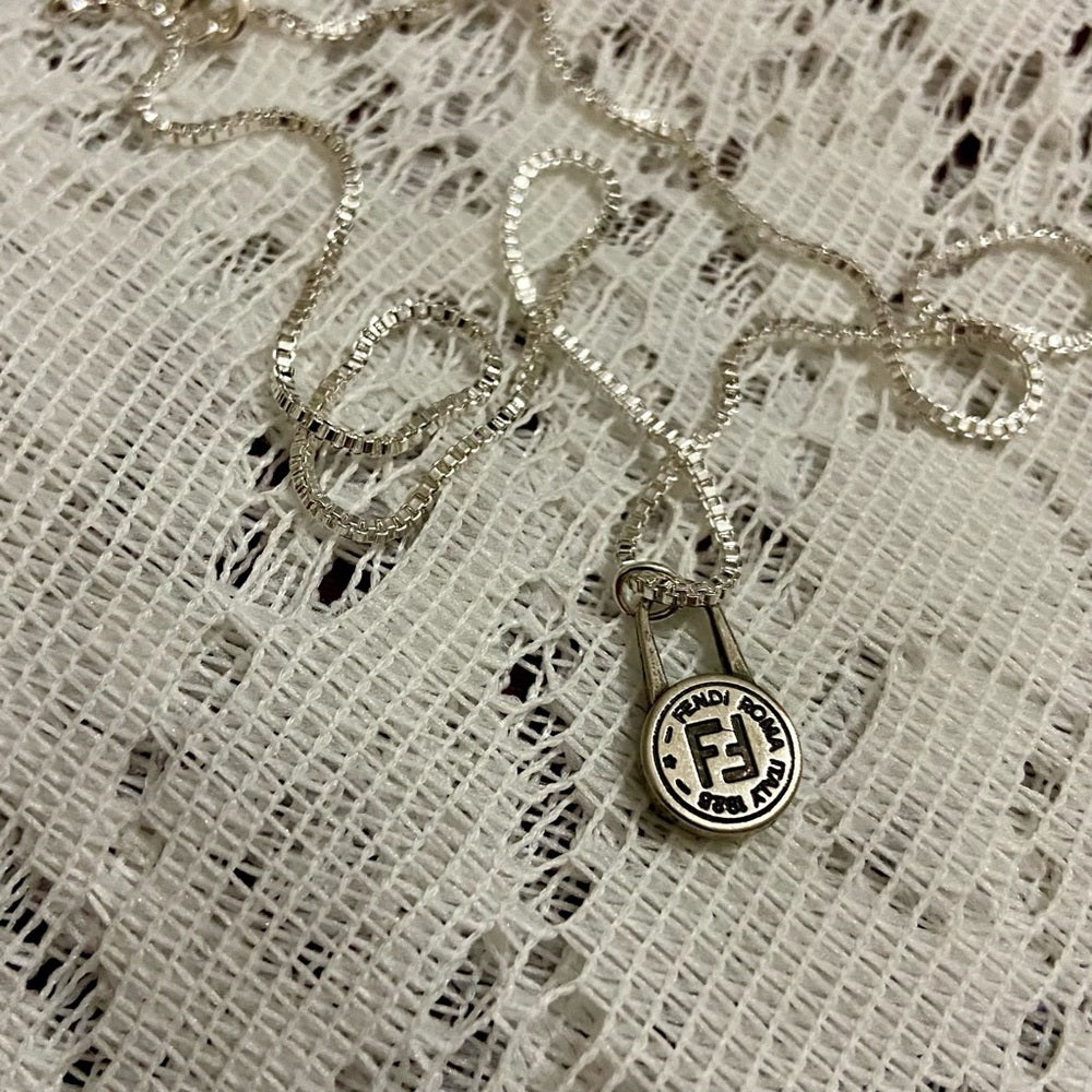 Fendi Small Size, Silver Tone Charm Pendant Necklace