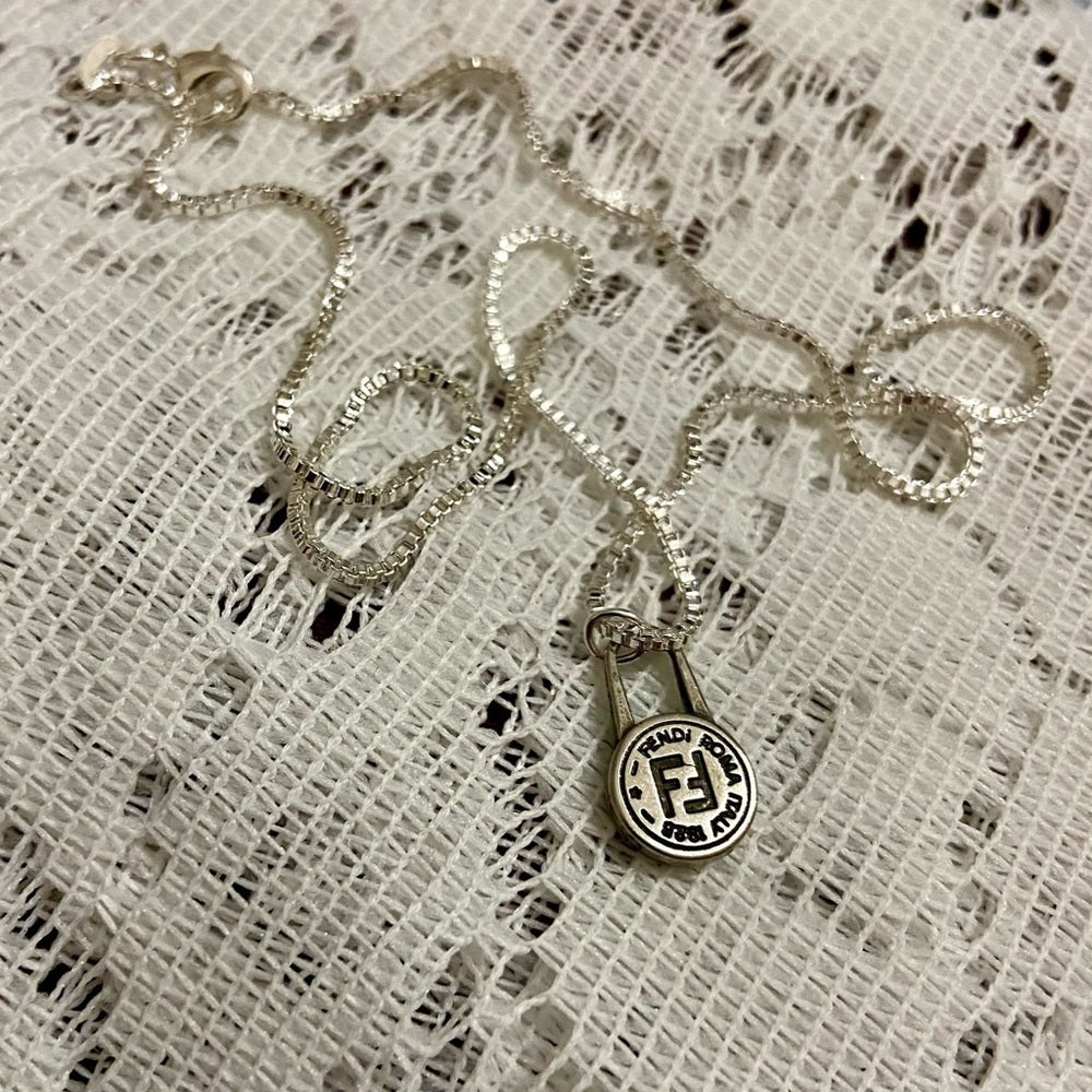 Fendi Small Size, Silver Tone Charm Pendant Necklace