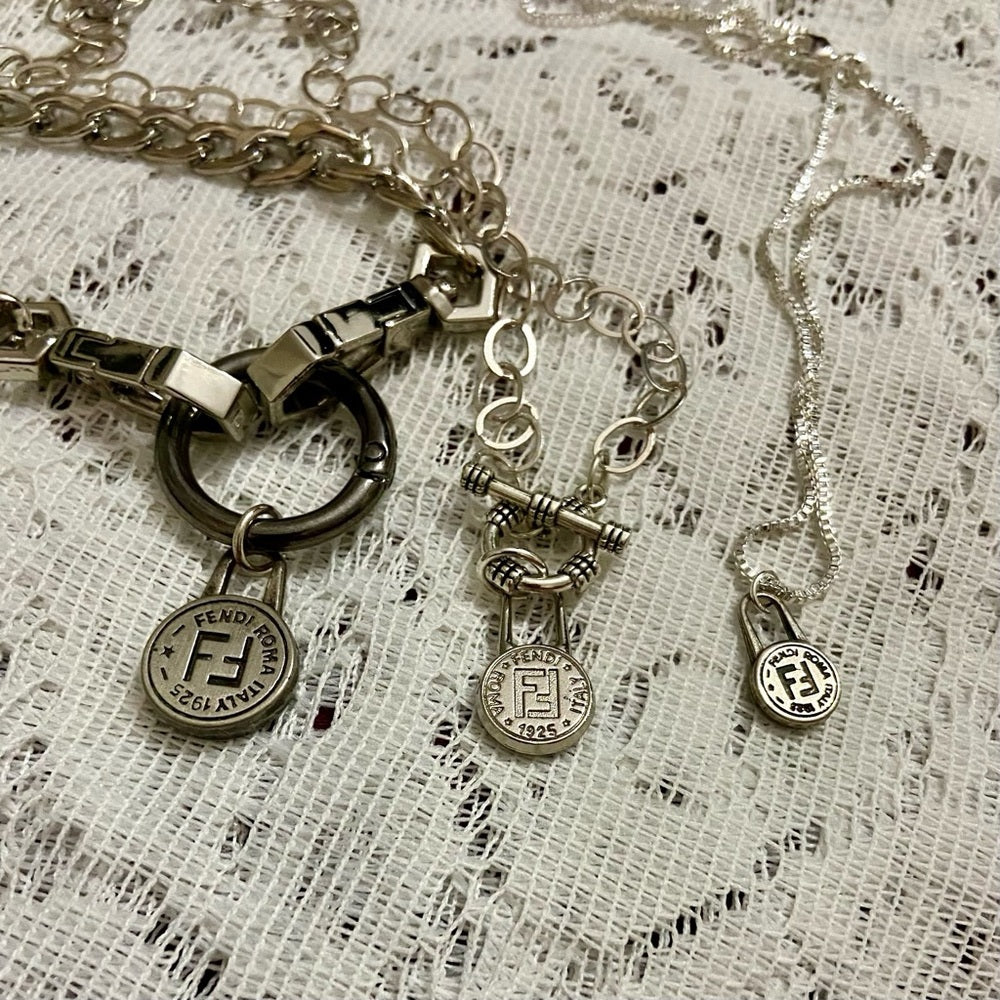 Fendi Small Size, Silver Tone Charm Pendant Necklace