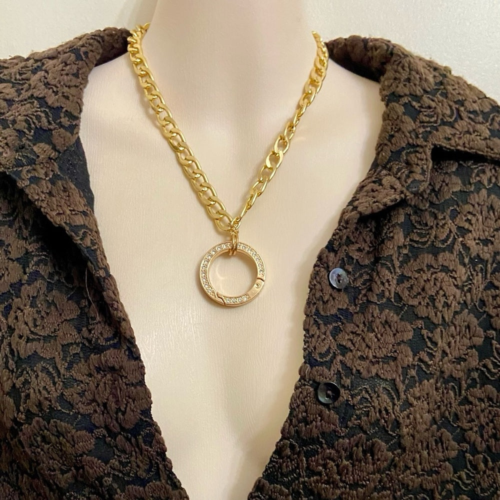 Elegant , Large Gold-plated Paved Rhinestones Charm Necklace