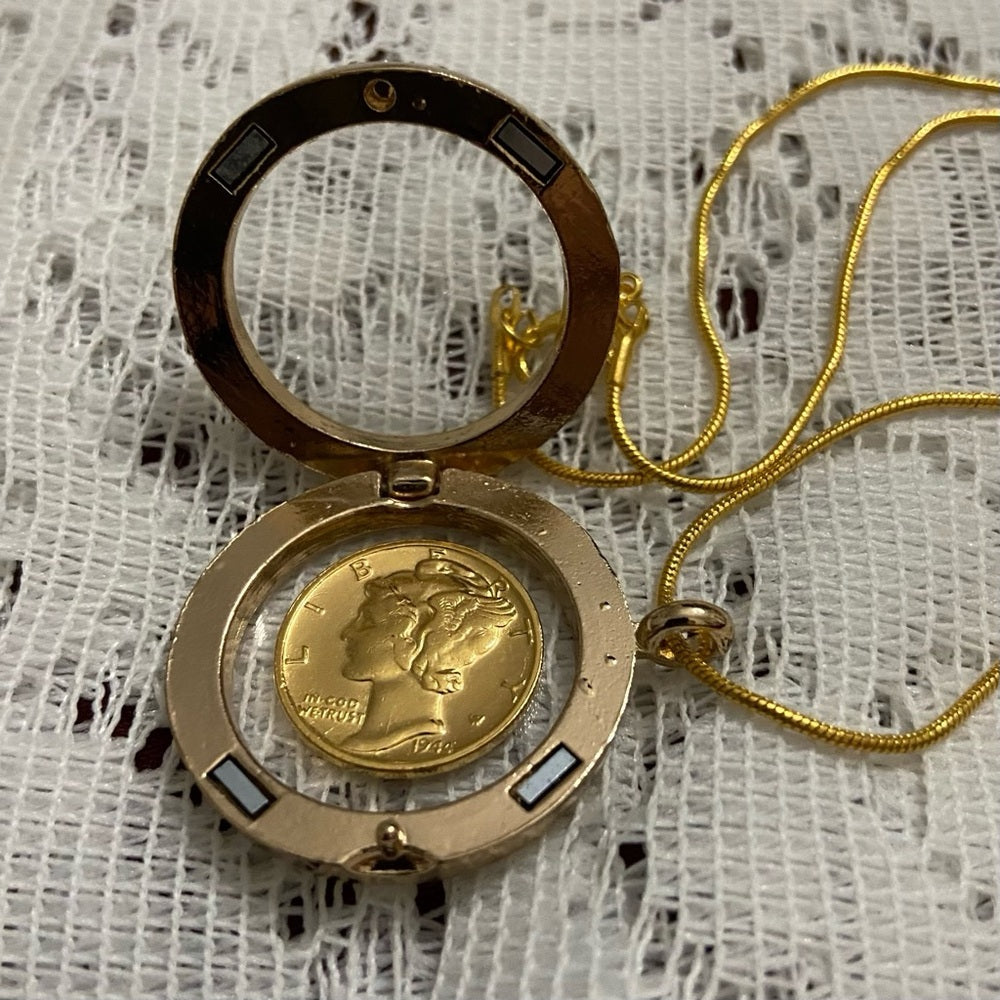 Authentic 1944 Silver (Vermeil) Mercury Dime, with Locket and 18in Gold Chain