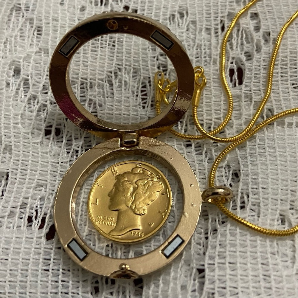 Authentic 1944 Silver (Vermeil) Mercury Dime, with Locket and 18in Gold Chain