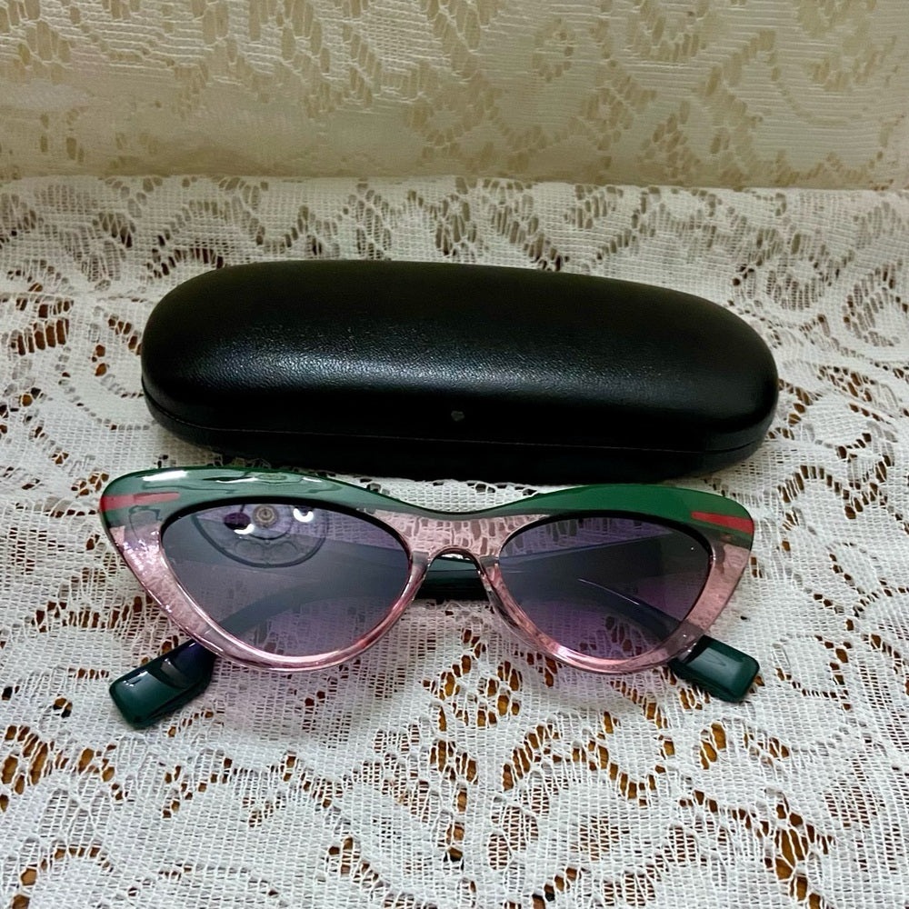 Vintage Cat Eye Green and Red Sunglasses with Case
