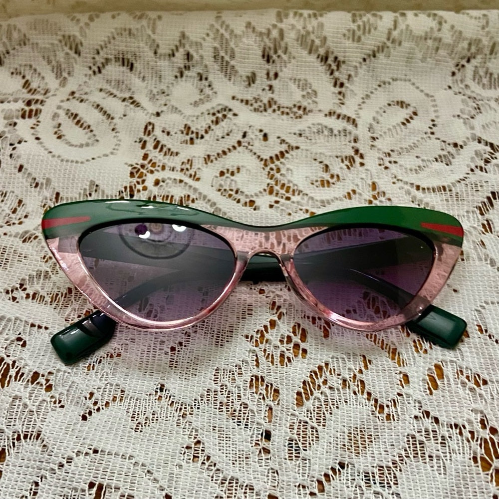 Vintage Cat Eye Green and Red Sunglasses with Case