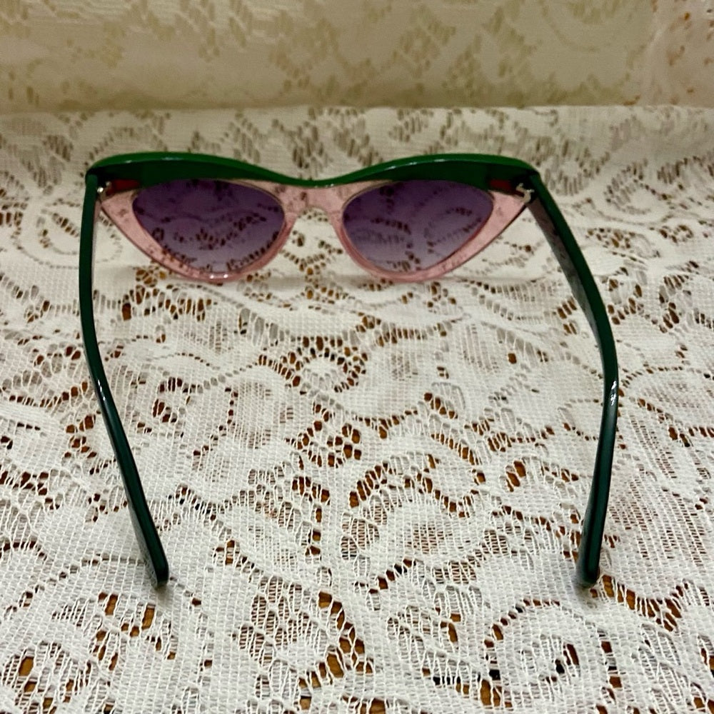 Vintage Cat Eye Green and Red Sunglasses with Case