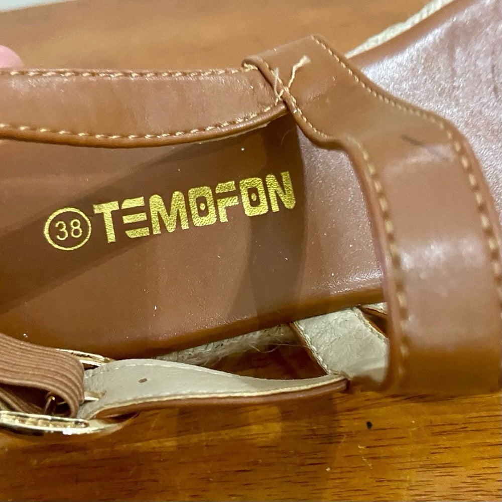 Temofon Brown Leather Wedge Sandals