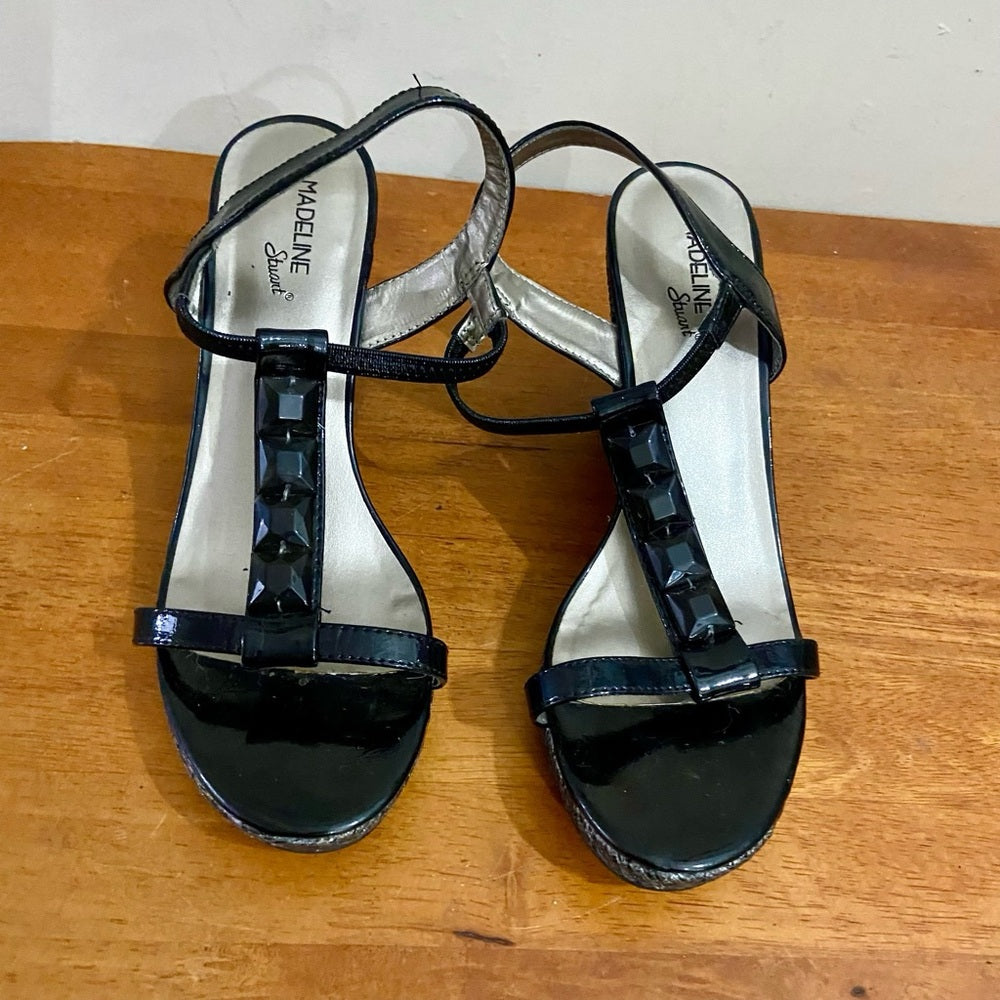 Madeline Stuart Black Wedge High Heel Sandals Size 8.5M