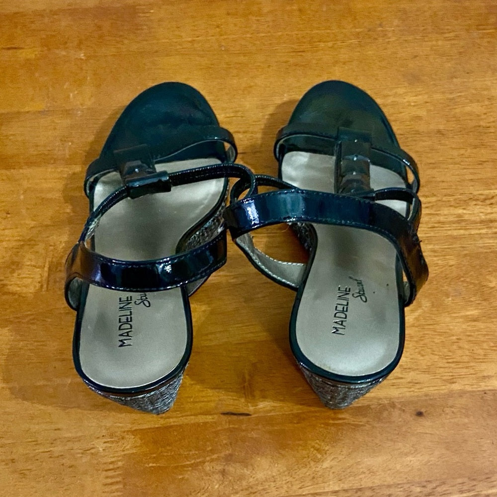 Madeline Stuart Black Wedge High Heel Sandals Size 8.5M