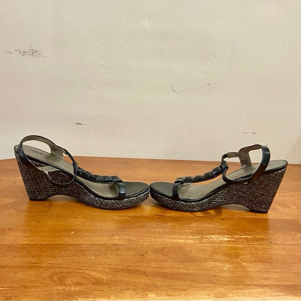 Madeline Stuart Black Wedge High Heel Sandals Size 8.5M
