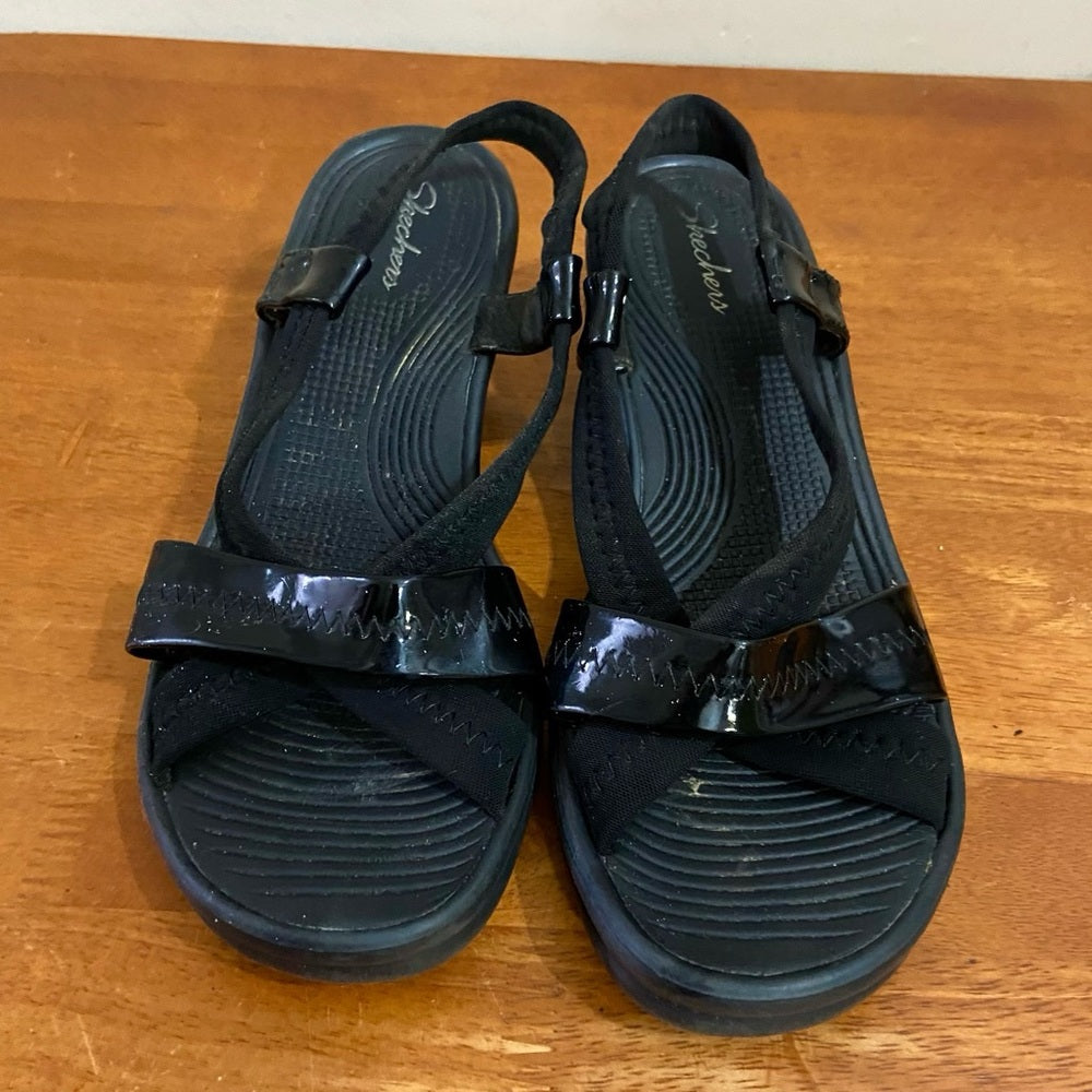 Skechers Black WedgeHeeled Sandals Size 9