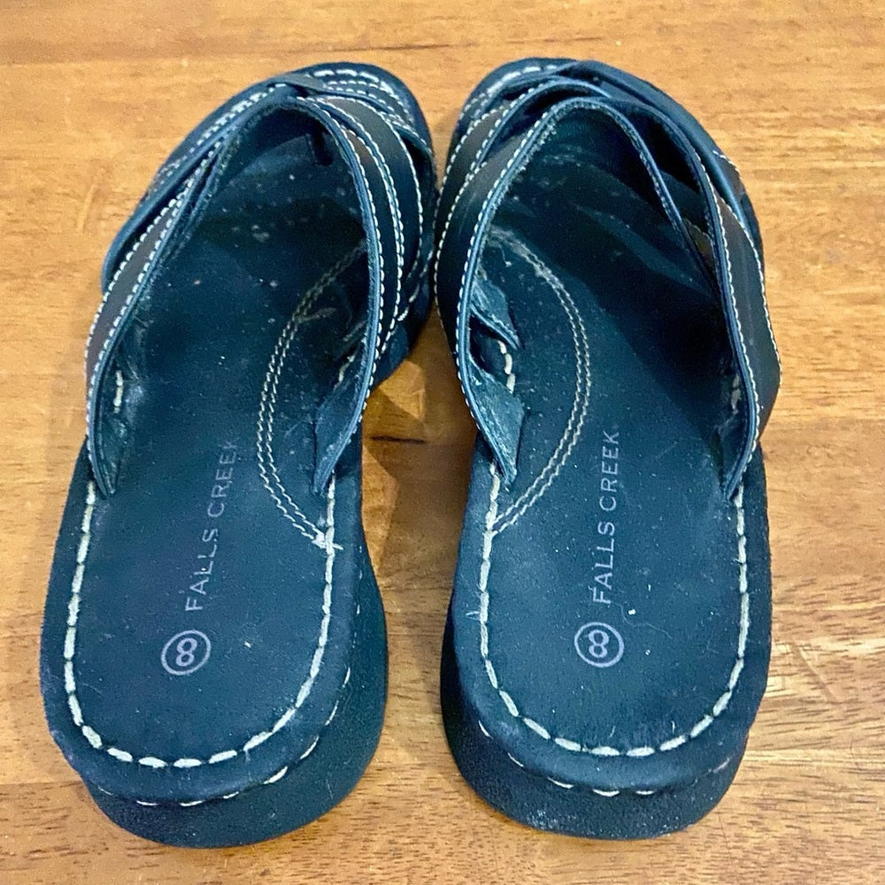Falls Creek Black Leather Sandals -Size 8