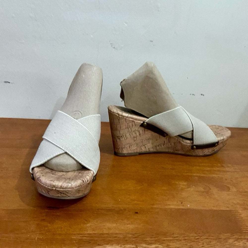 Faded Glory Beige Elastic Canvas High Heel Wedge Sandals Size 9