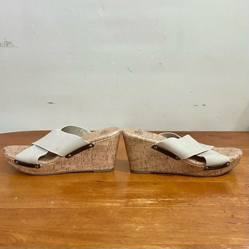 Faded Glory Beige Elastic Canvas High Heel Wedge Sandals Size 9