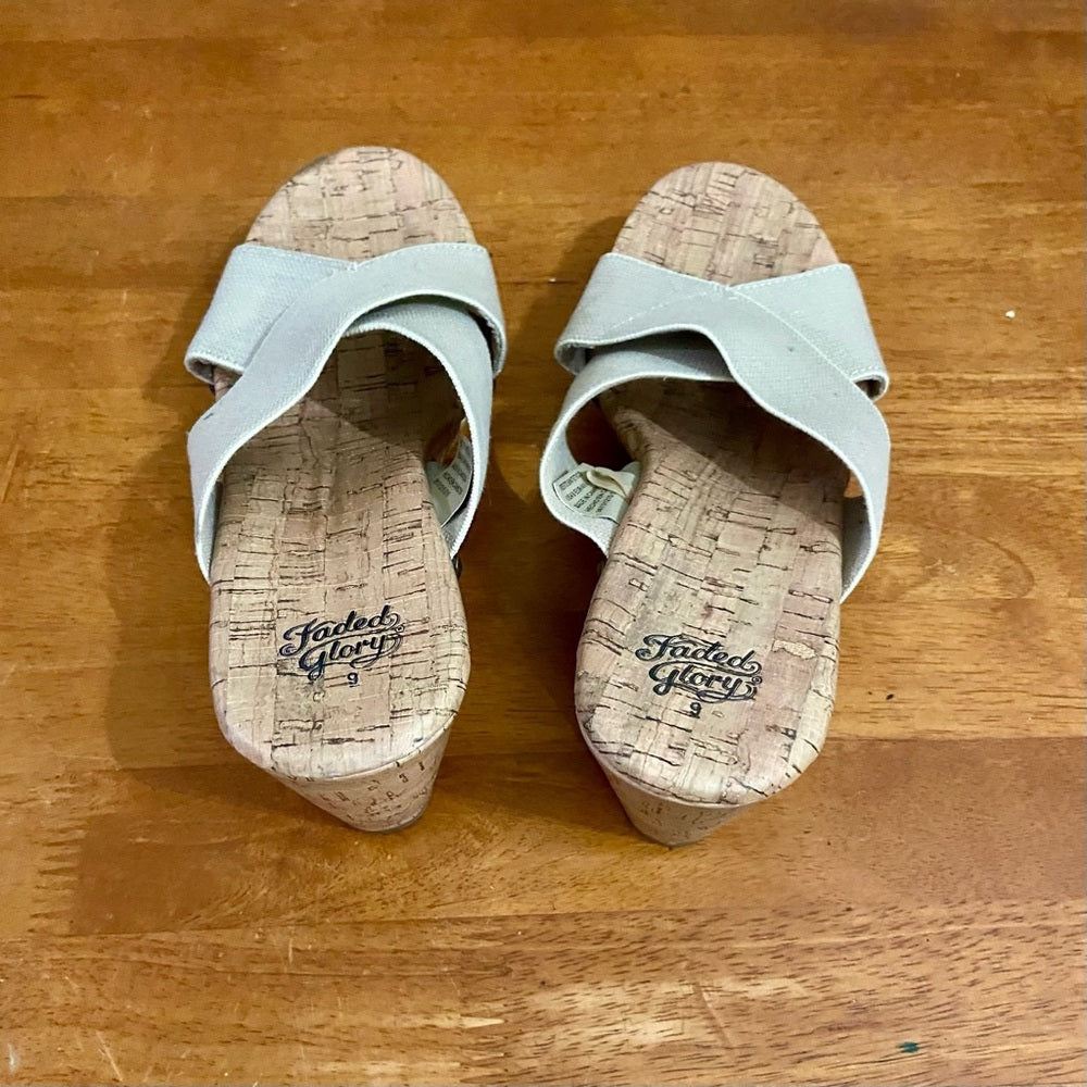 Faded Glory Beige Elastic Canvas High Heel Wedge Sandals Size 9