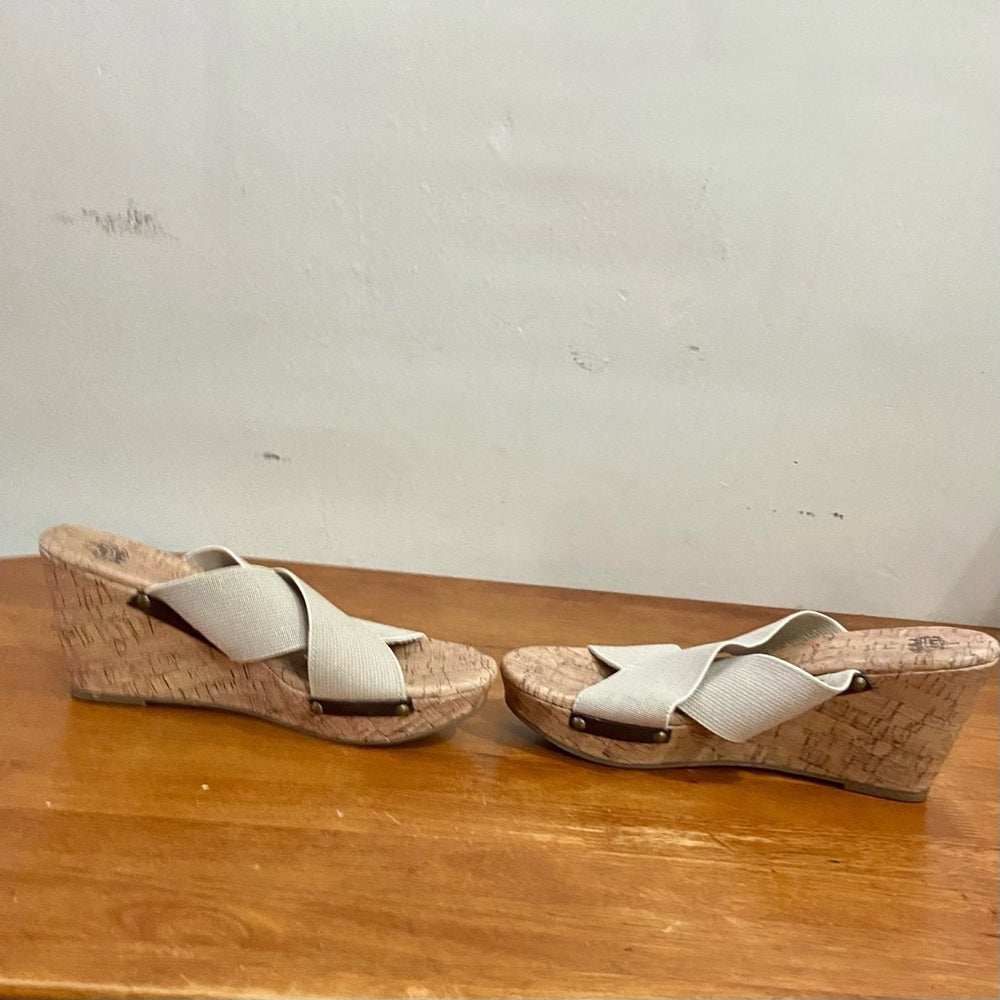 Faded Glory Beige Elastic Canvas High Heel Wedge Sandals Size 9
