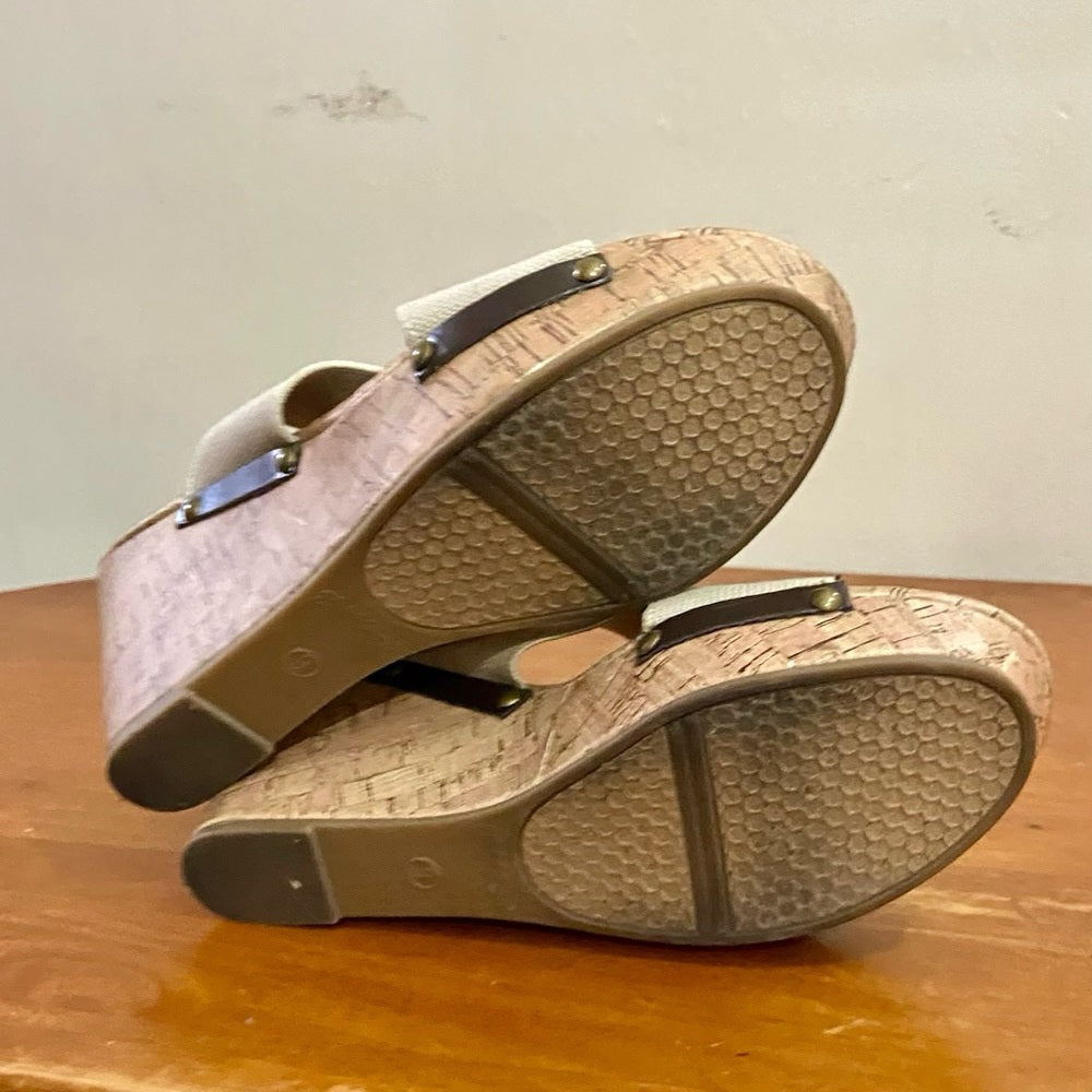 Faded Glory Beige Elastic Canvas High Heel Wedge Sandals Size 9