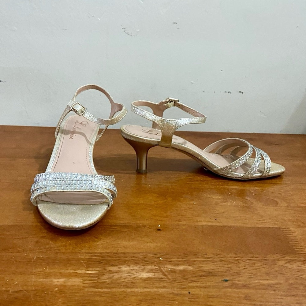 Lorraine Gold Leather with Rhinestone High Heel Sandals- Size 7.5M