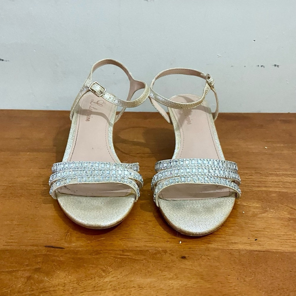 Lorraine Gold Leather with Rhinestone High Heel Sandals- Size 7.5M