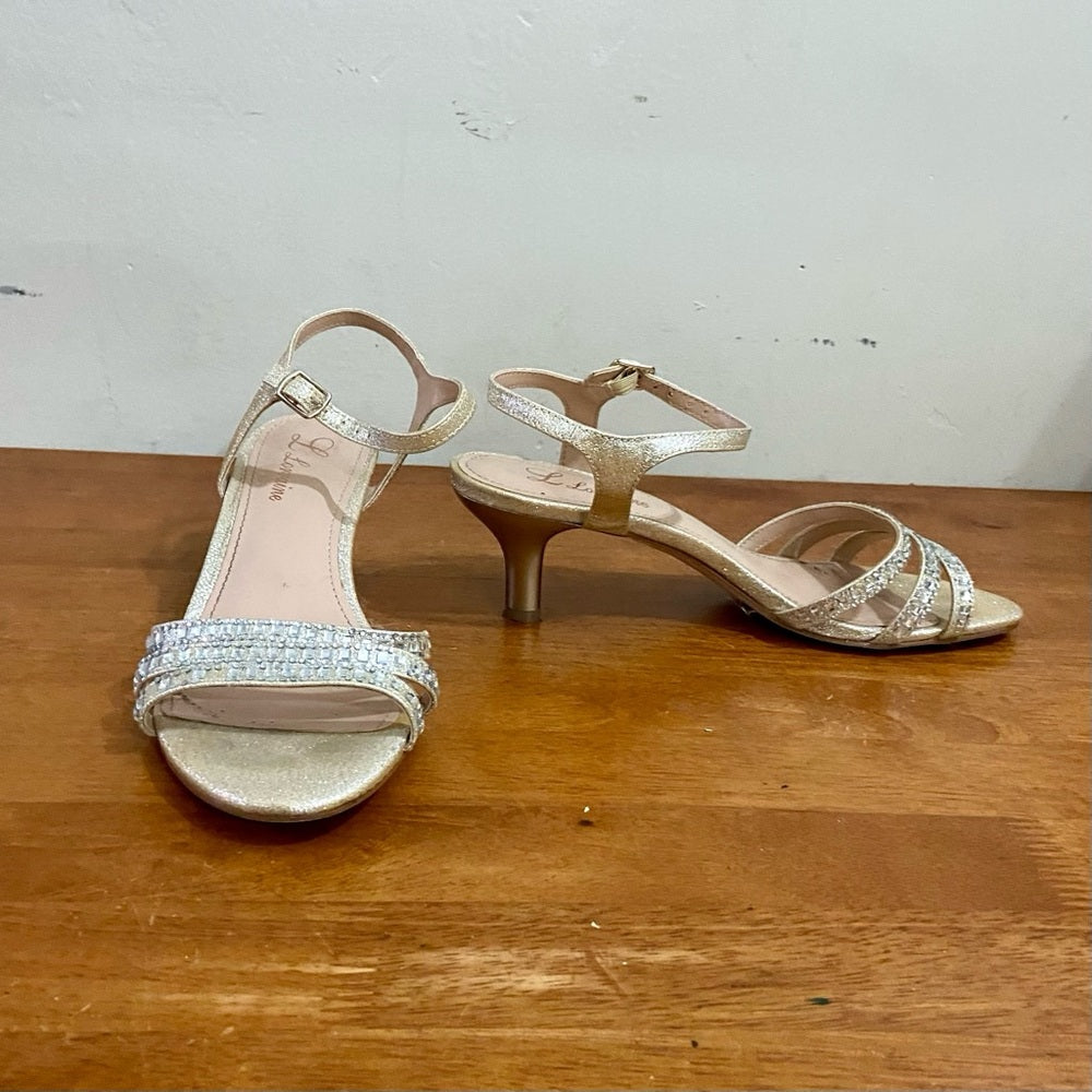 Lorraine Gold Leather with Rhinestone High Heel Sandals- Size 7.5M