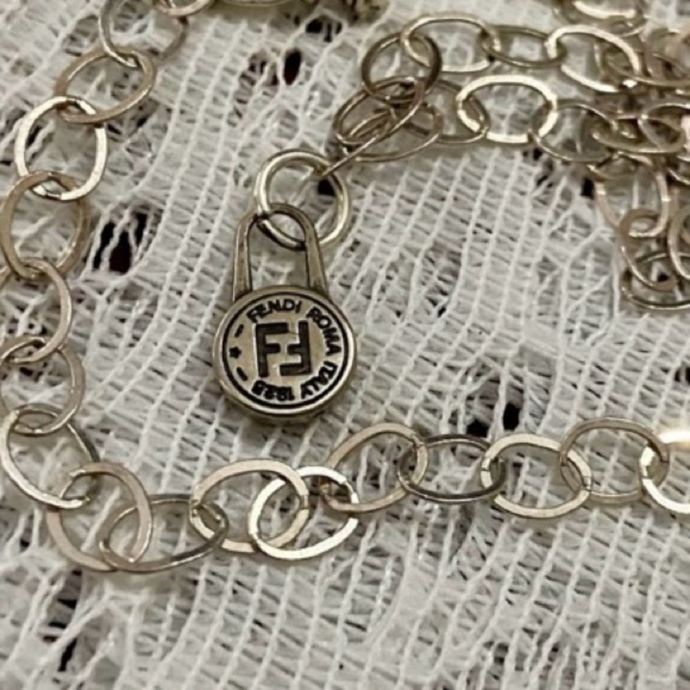 Fendi Small Size, Silver Tone Charm Pendant Necklace
