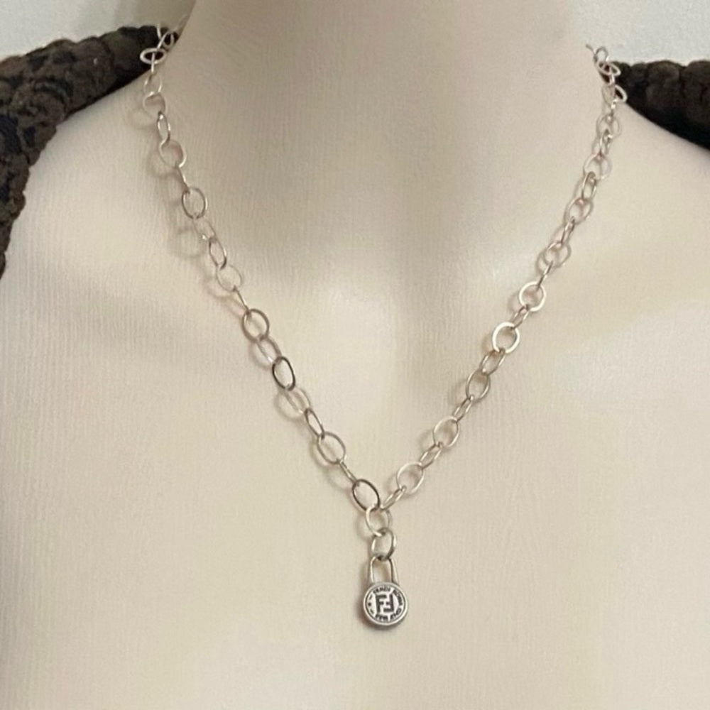 Fendi Small Size, Silver Tone Charm Pendant Necklace
