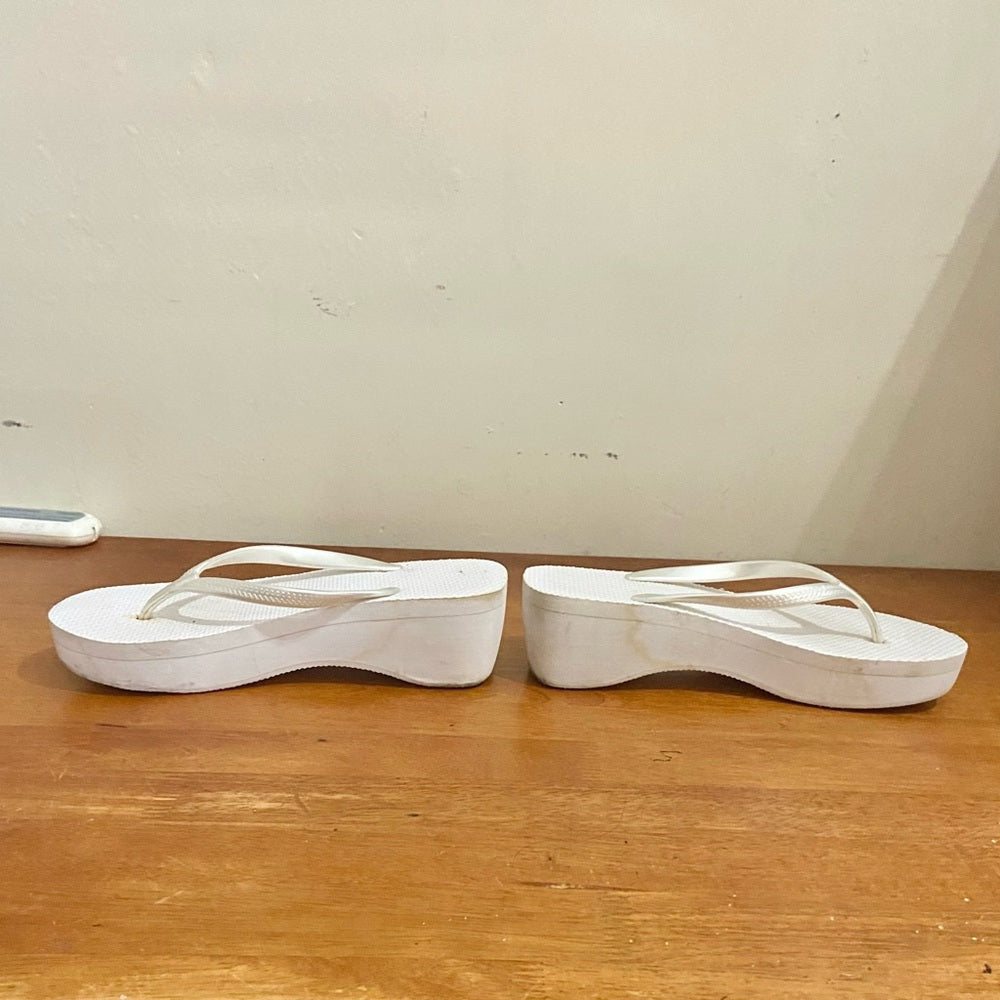 White Flip Flop Rubber Wedge Heeled Sandals Size 8