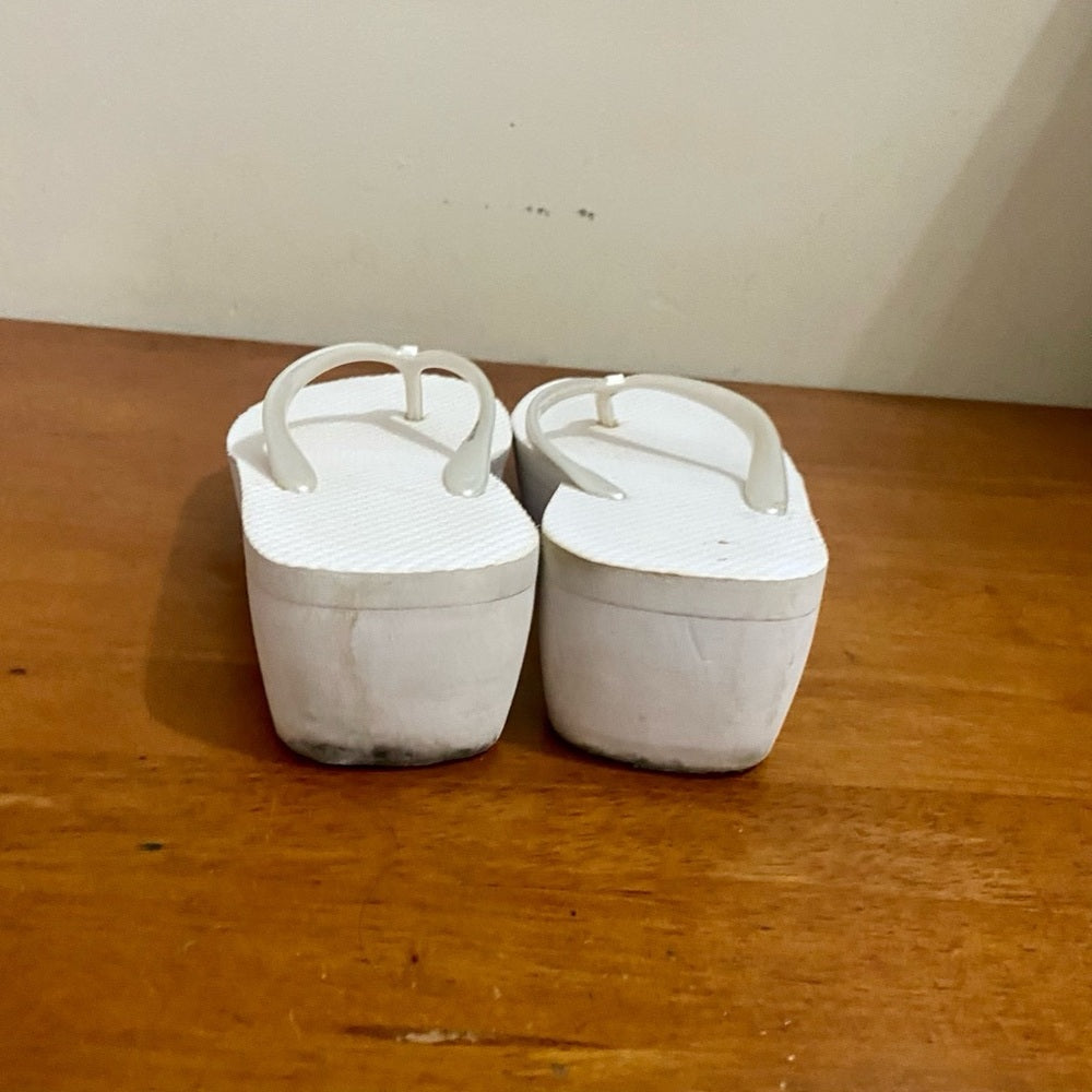 White Flip Flop Rubber Wedge Heeled Sandals Size 8