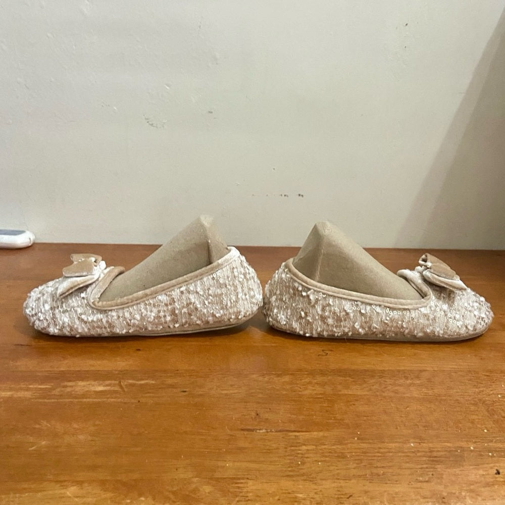 Pretty You, Elegant Light Pink Bedroom Slippers w/ Sequins, Pearls, Bow Size 5-6