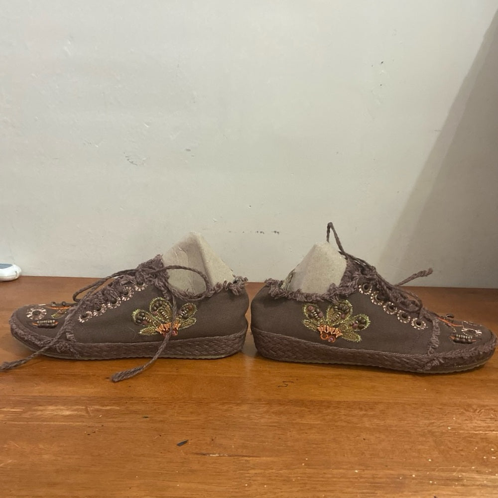 LSK Brown Canvas Espadrille Sneakers with Embellishments Size 8-8.5
